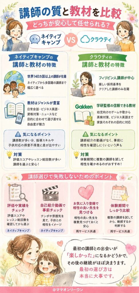 ネイティブキャンプとクラウティ 講師の質と教材を比較、どっちが安心して任せられる?