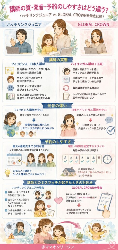 ハッチリンクジュニアとGLOBAL CROWN 講師の質・発音・予約のしやすさはどう違う？