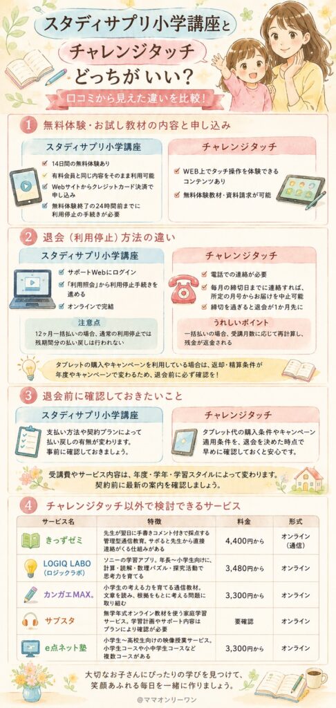 スタディサプリ小学講座とチャレンジタッチ 無料体験・お試し教材、申し込みから退会までスムーズなのはどっち?