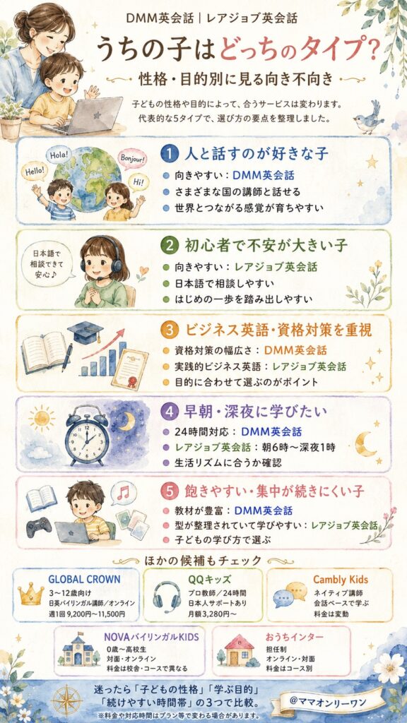 レアジョブ英会話とDMM英会話 うちの子はどっちのタイプ?性格・目的別に見る向き不向き