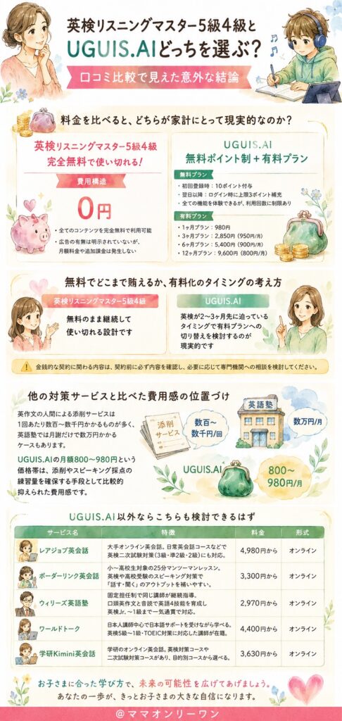 英検リスニングマスター5級4級とUGUIS.AI 料金を比べると、どちらが家計にとって現実的なのか?