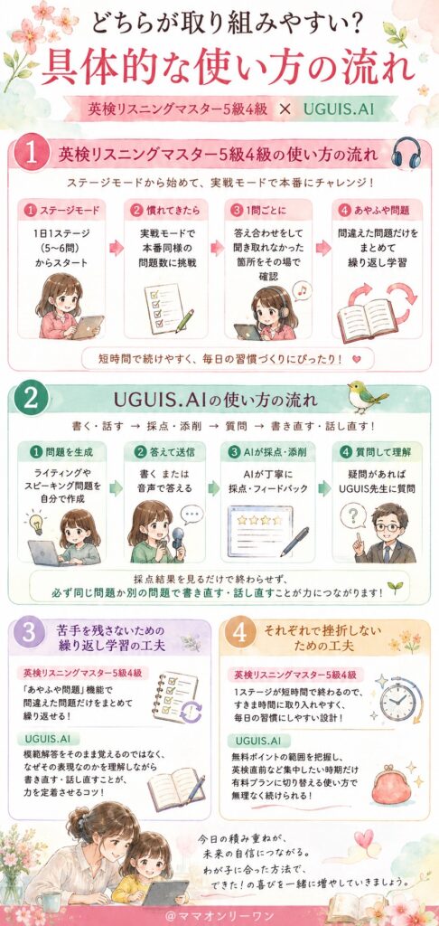 英検リスニングマスター5級4級とUGUIS.AI 具体的な使い方は、どちらが取り組みやすいのか?