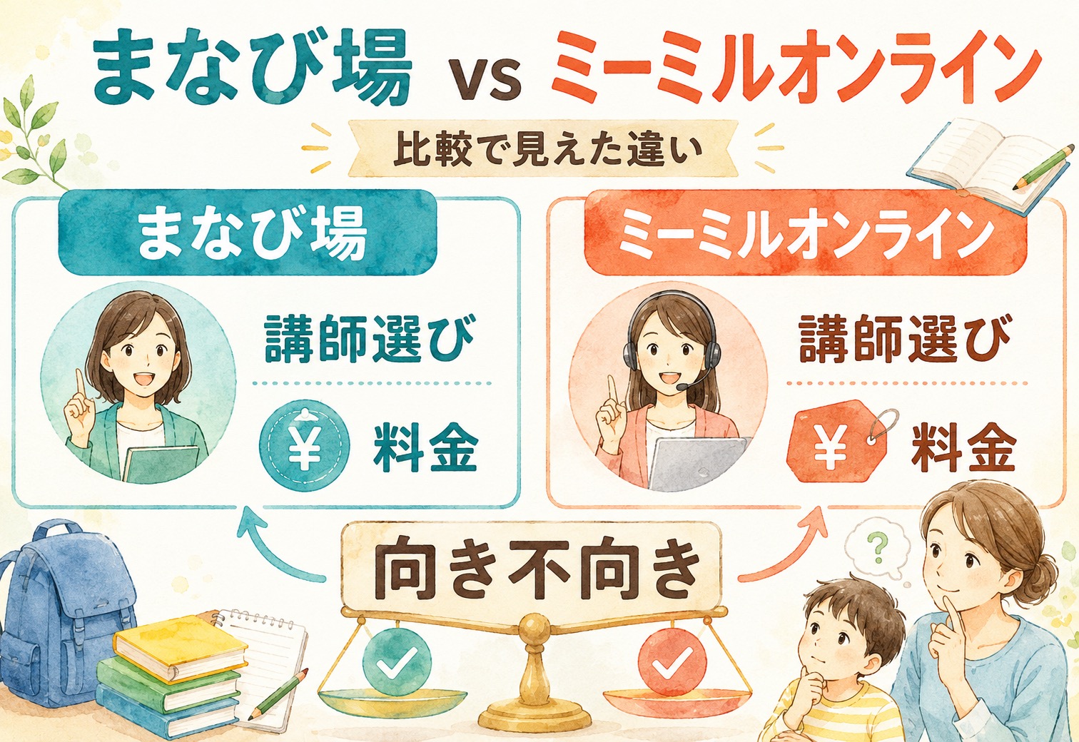 まなび場 vs ミーミルオンライン、講師選びと料金を並べて見えた意外な向き不向き