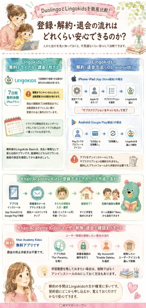LingokidsとKhan Academy Kids 登録や解約、退会の流れは、それぞれどれくらい安心できるのか？