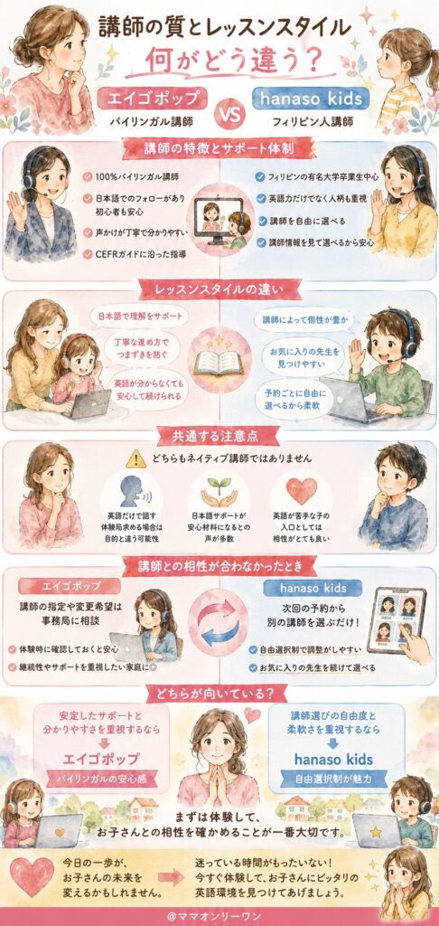 エイゴポップとhanaso kids 講師の質とレッスンスタイル、何がどう違う?