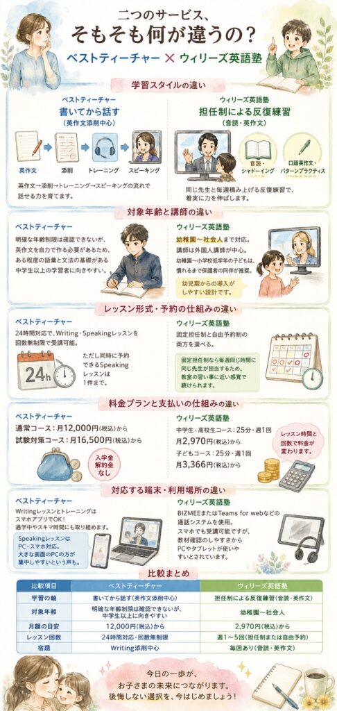 ベストティーチャーとウィリーズ英語塾 二つのサービス、そもそも何が違うの?