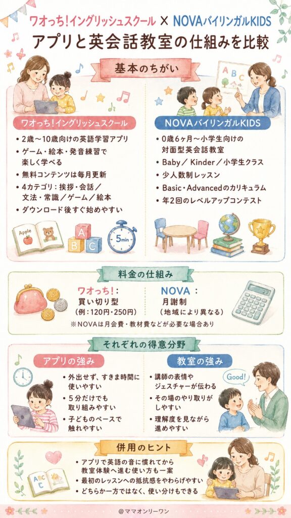 ワオっち!イングリッシュスクールとNOVAバイリンガルKIDS そもそも何が違うの?アプリと英会話教室の仕組みを比較