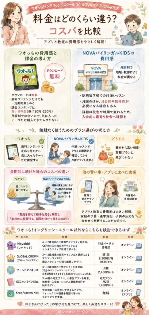 ワオっち!イングリッシュスクールとNOVAバイリンガルKIDS 料金はどのくらい違う?コスパを比較