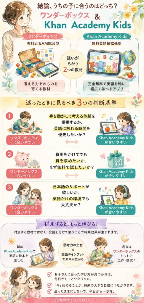 結論、ワンダーボックスとKhan Academy Kids、うちの子に合うのはどっち？