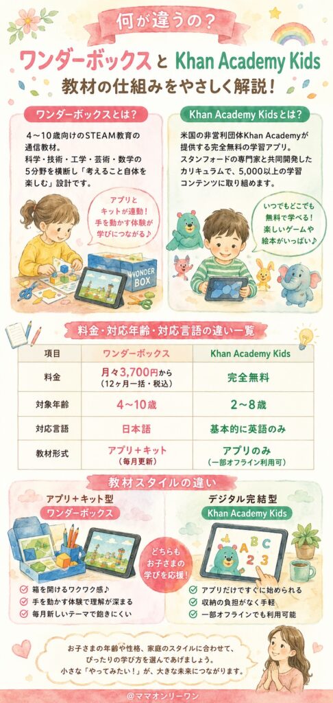 ワンダーボックスとKhan Academy Kids、そもそも何が違う教材なの？