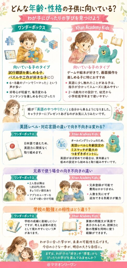 ワンダーボックスとKhan Academy Kids どんな年齢・性格の子供に向いている？