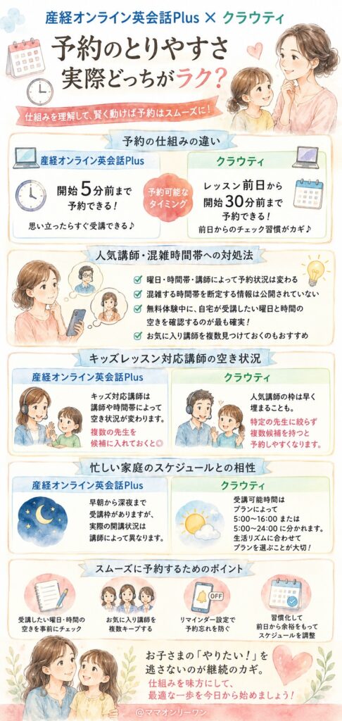 クラウティと産経オンライン英会話Plus 予約のとりやすさ、実際どっちがラク?