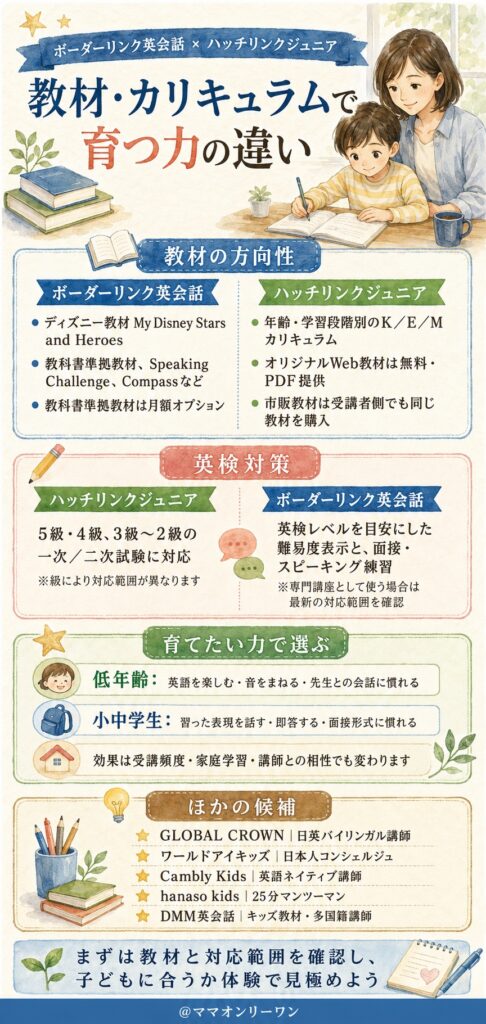 ボーダーリンク英会話とハッチリンクジュニア　教材・カリキュラムで育つ力の違い