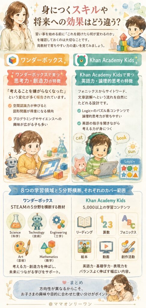 ワンダーボックスとKhan Academy Kids 身につくスキルや将来への効果はどう違う？