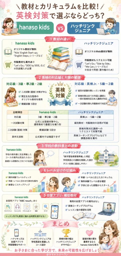 hanaso kidsとハッチリンクジュニア 教材とカリキュラムを比較!英検対策で選ぶならどっち?