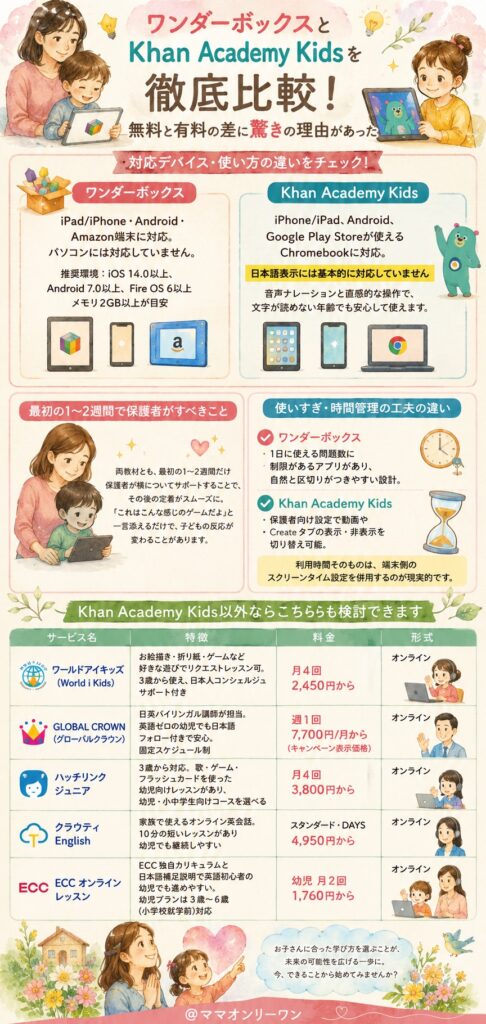ワンダーボックスとKhan Academy Kids 対応デバイス・使い方・保護者のサポートはどう違う？