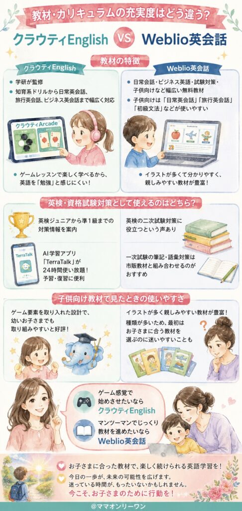 クラウティEnglishとWeblio英会話 教材・カリキュラムの充実度はどう違う?