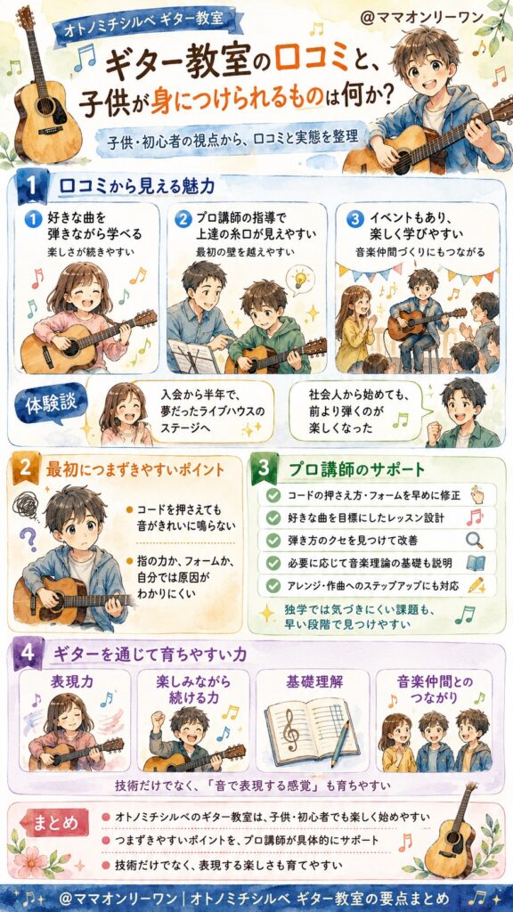 オトノミチシルベ ギター教室の口コミと、子供が身につけられるものは何か？