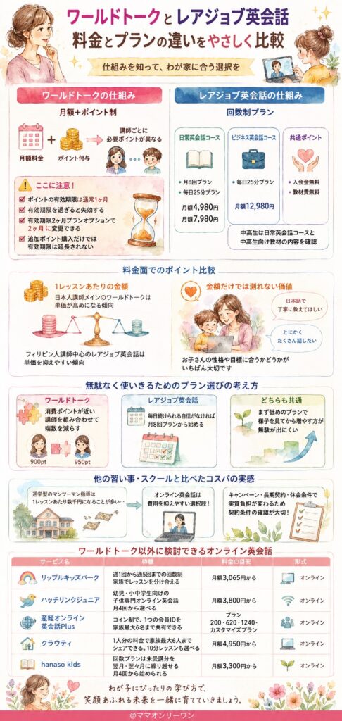ワールドトークとレアジョブ英会話 料金とプランの仕組み、家計への負担はどう違う?