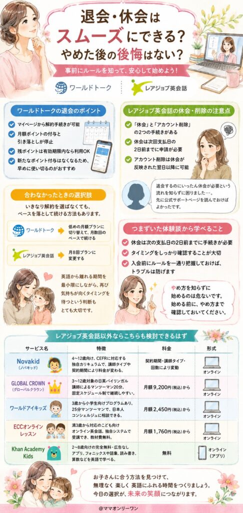 ワールドトークとレアジョブ英会話 退会・休会はスムーズにできる? やめた後の後悔はない?