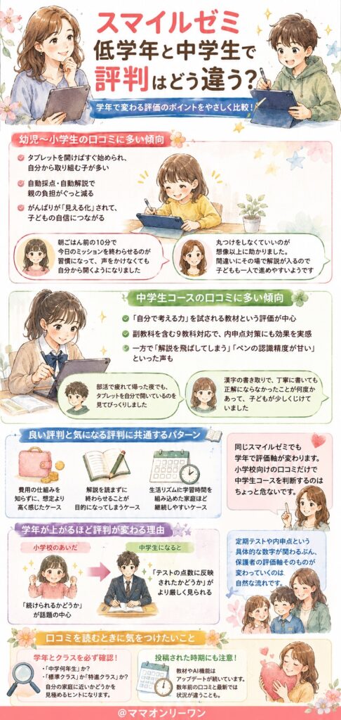 スマイルゼミは低学年と中学生 口コミを比べると、全学年向けと中学生コースで評判はどう違う？