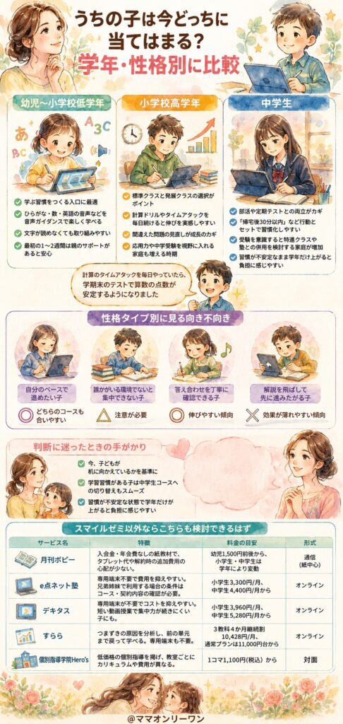 スマイルゼミは低学年と中学生 うちの子は今どっちに当てはまる？学年・性格別に比較