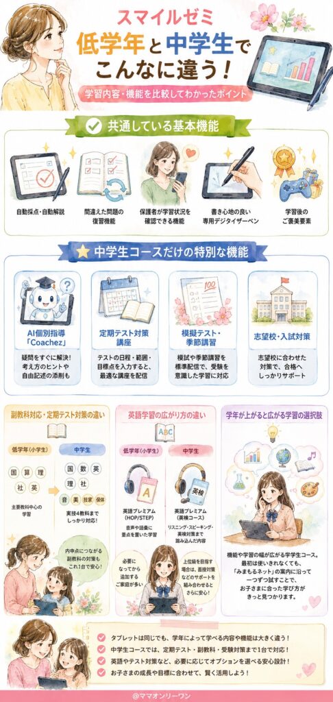スマイルゼミは低学年と中学生 学習内容・機能はどこが同じでどこが変わるの？