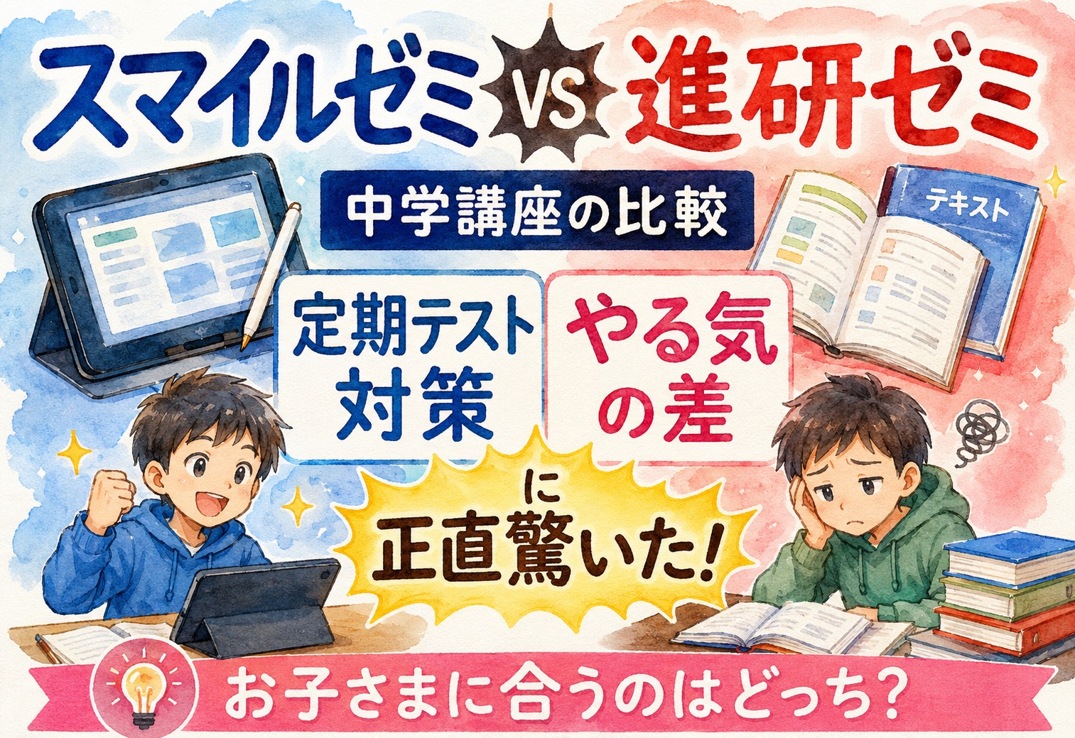 スマイルゼミvs進研ゼミ中学講座の比較|定期テスト対策とやる気の差に正直驚いた