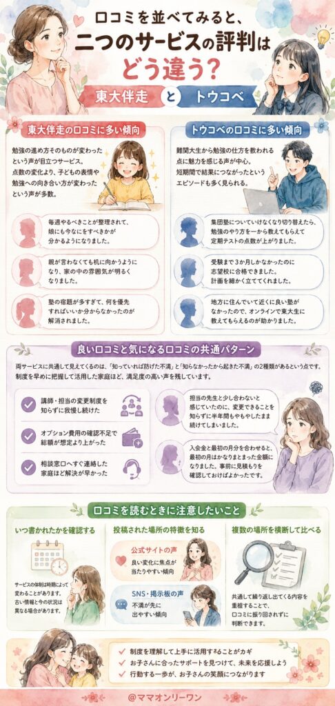 東大伴走とトウコベ 口コミを並べてみると、二つのサービスの評判はどう違う？