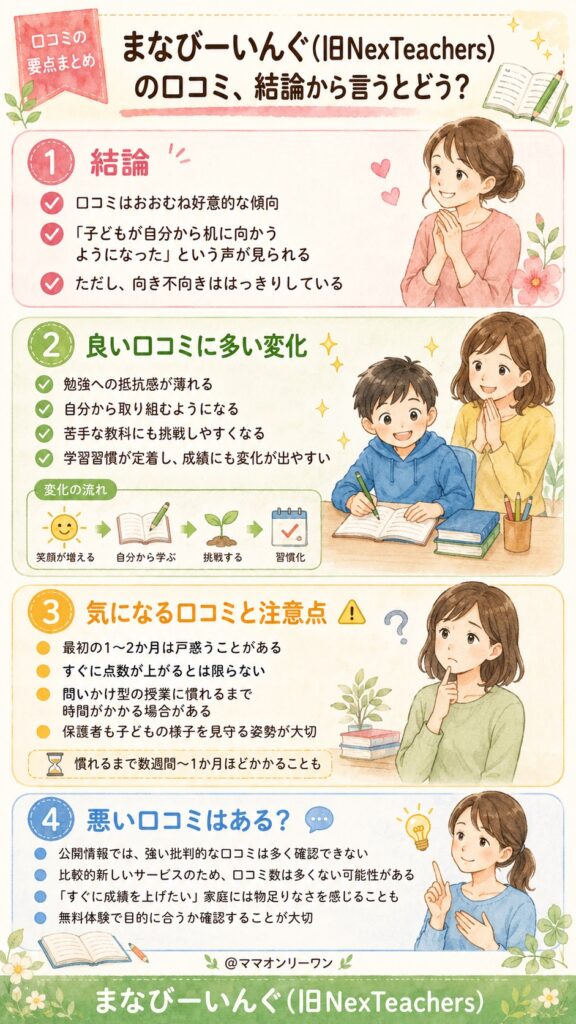 まなびーいんぐ(旧NexTeachers)の口コミ、結論から言うとどう？