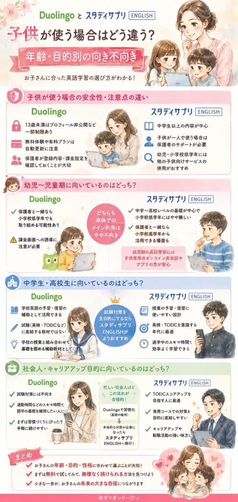 スタディサプリENGLISHとDuolingo 子供が使う場合はどう違う?年齢・目的別の向き不向き