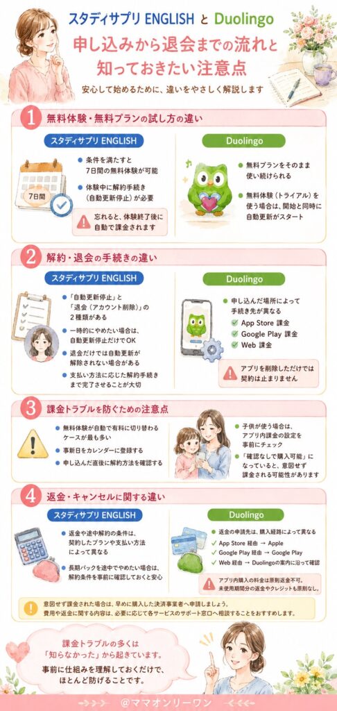 スタディサプリENGLISHとDuolingo 申し込みから退会まで、流れは安心できるものなの?