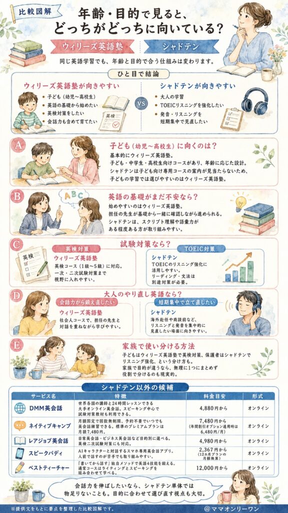 ウィリーズ英語塾とシャドテン 年齢・目的で見ると、どっちがどっちに向いている？