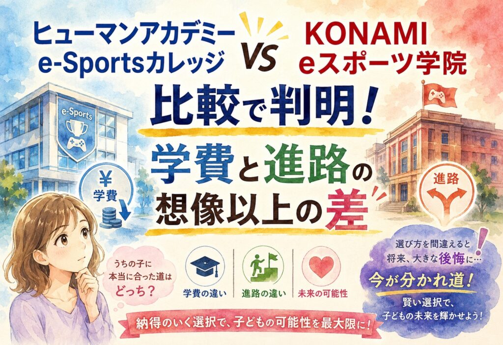 ヒューマンアカデミー e-SportsカレッジとKONAMI eスポーツ学院比較で判明、学費と進路の想像以上の差