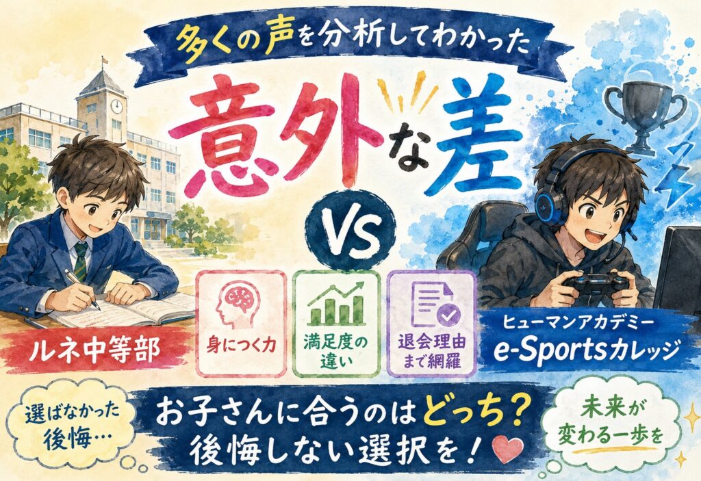 ルネ中等部とヒューマンアカデミーe-Sportsカレッジ、多くの声を分析してわかった意外な差、身につく力から退会まで網羅