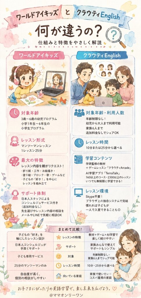 ワールドアイキッズとクラウティ、そもそも何が違うサービスなの?