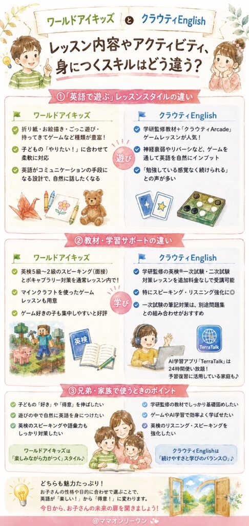レッスン内容やアクティビティ、身につくスキルはどう違う?