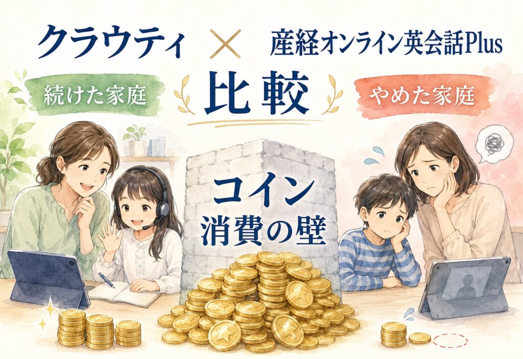 クラウティと産経オンライン英会話Plus比較、続けた家庭とやめた家庭で分かれたコイン消費の壁