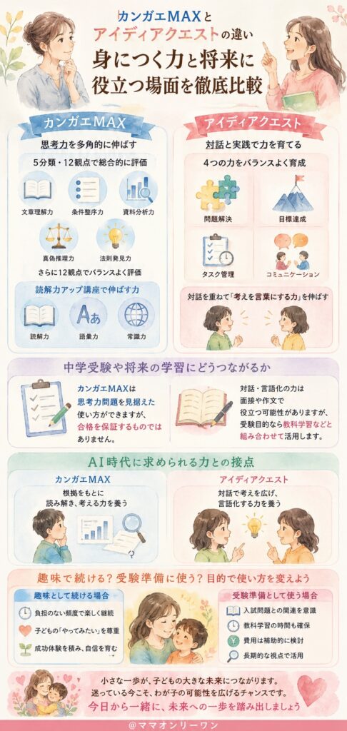 カンガエMAXとアイディアクエスト それぞれで身につくスキルと、将来役立つ場面の違いとは？