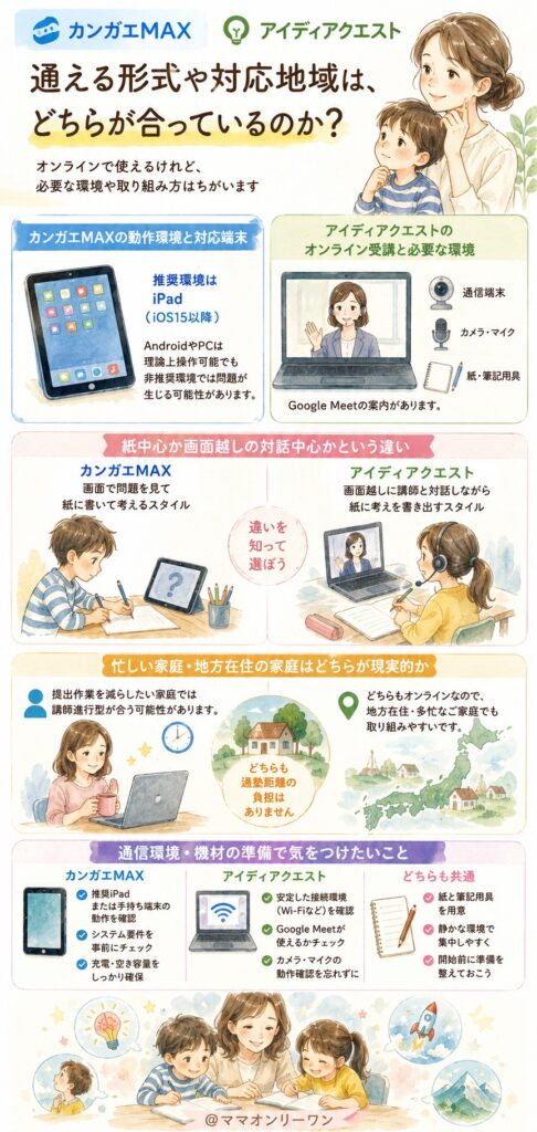 カンガエMAXとアイディアクエスト 通える形式や対応地域は、どちらが合っているのか？