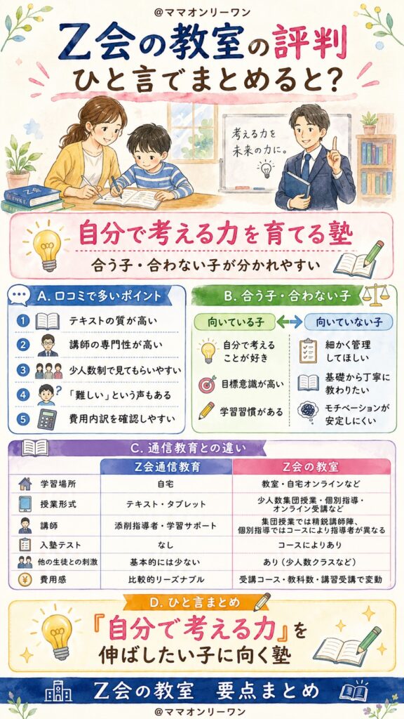Z会の教室の評判、ひと言でまとめると「どんな塾」?