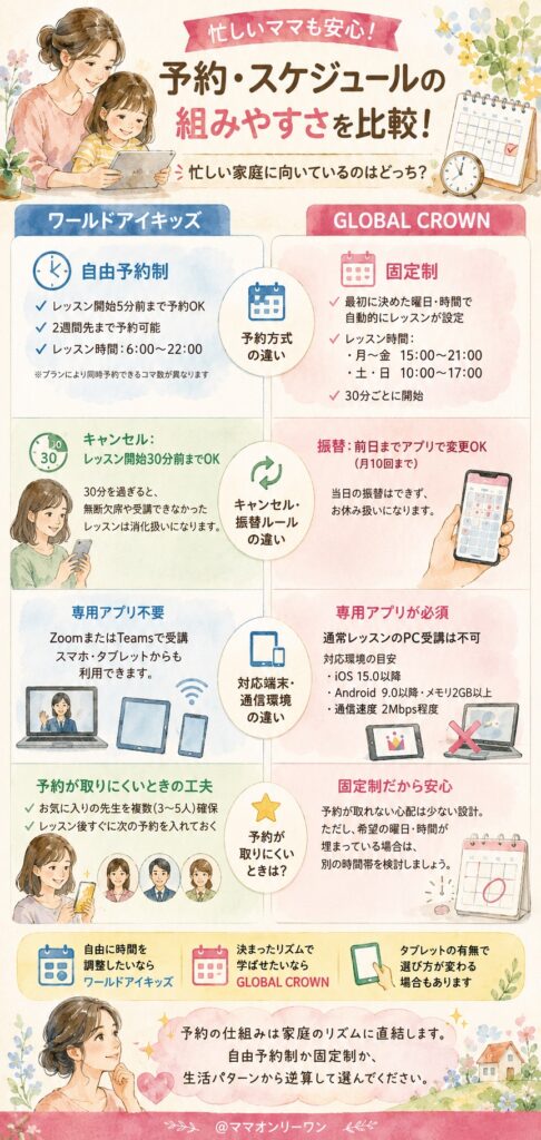 GLOBAL CROWNとワールドアイキッズ 予約・スケジュールの組みやすさを比較!忙しい家庭に向いているのはどっち?