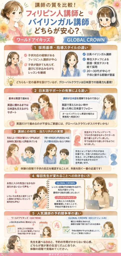 GLOBAL CROWNとワールドアイキッズ 講師の質を比較!フィリピン人講師とバイリンガル講師、どちらが安心?