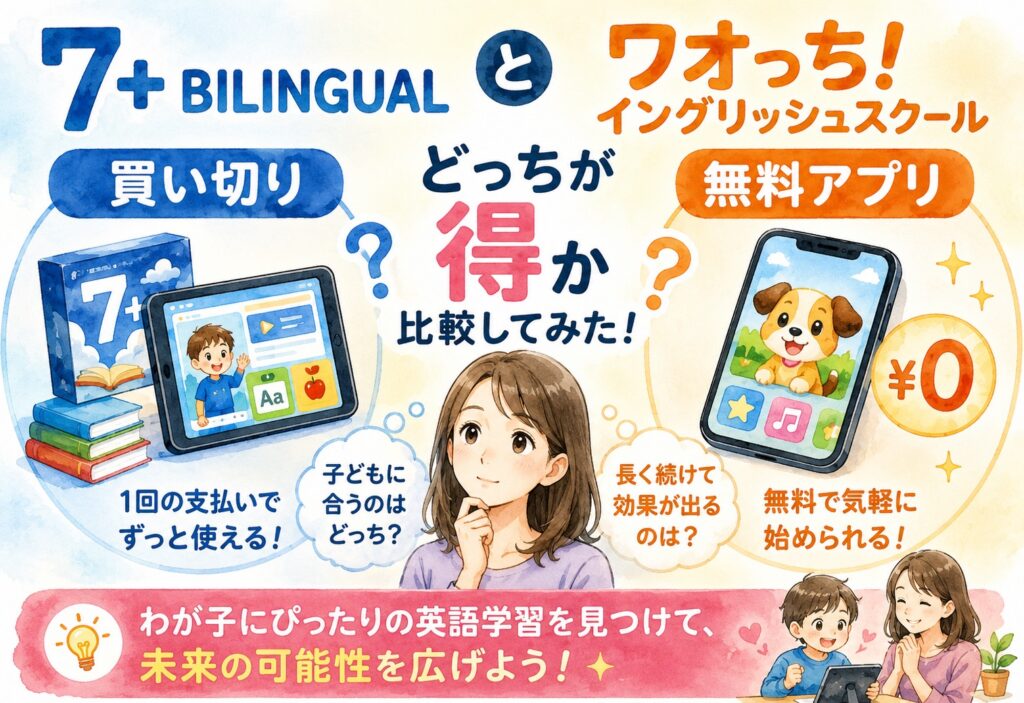 7+BILINGUALとワオっち!イングリッシュスクール、買い切りと無料アプリどっちが得か比較してみた