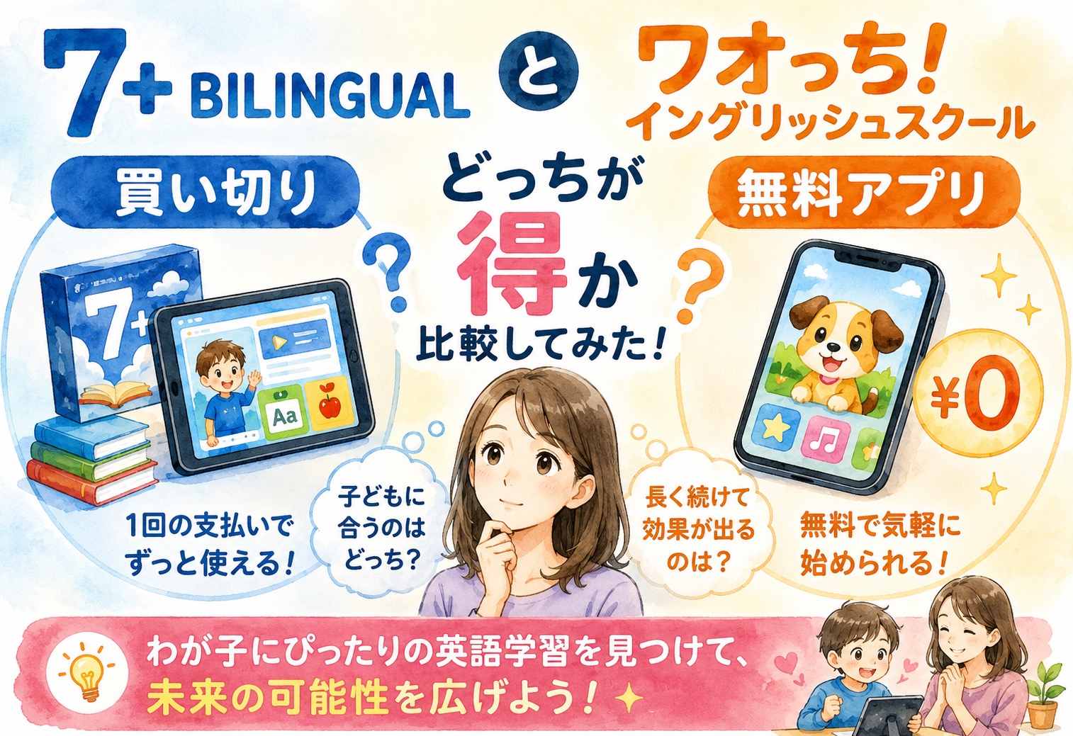7+BILINGUALとワオっち!イングリッシュスクール、買い切りと無料アプリどっちが得か比較してみた