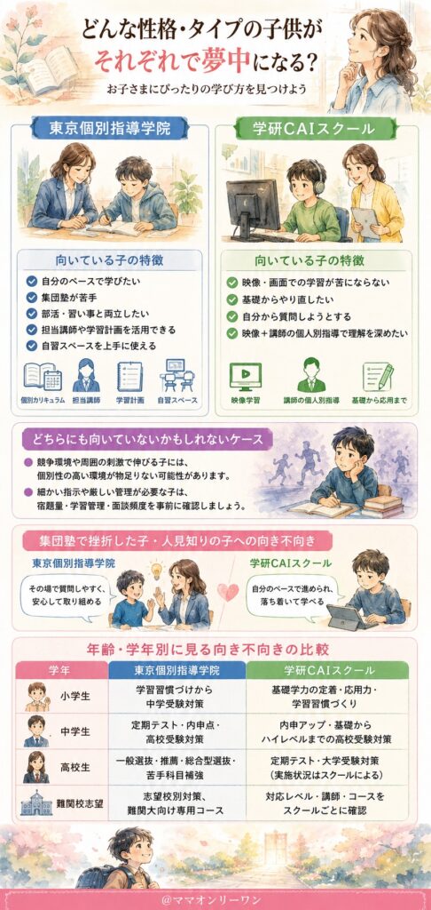 東京個別指導学院と学研CAIスクール どんな性格・タイプの子供がそれぞれで夢中になる?