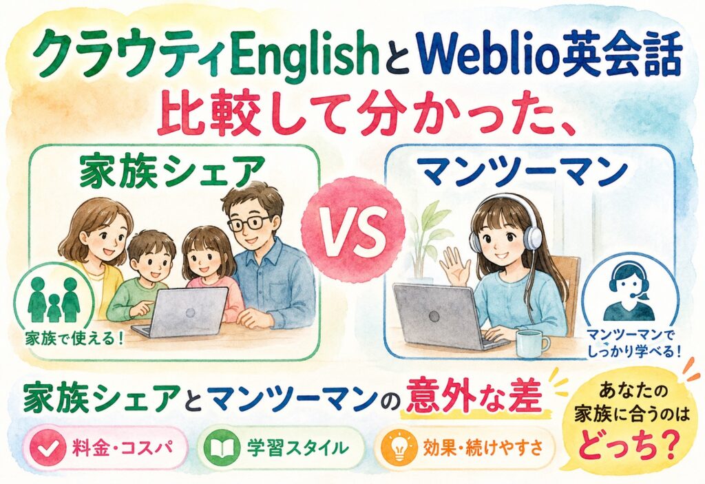 クラウティEnglishとWeblio英会話を比較して分かった、家族シェアとマンツーマンの意外な差