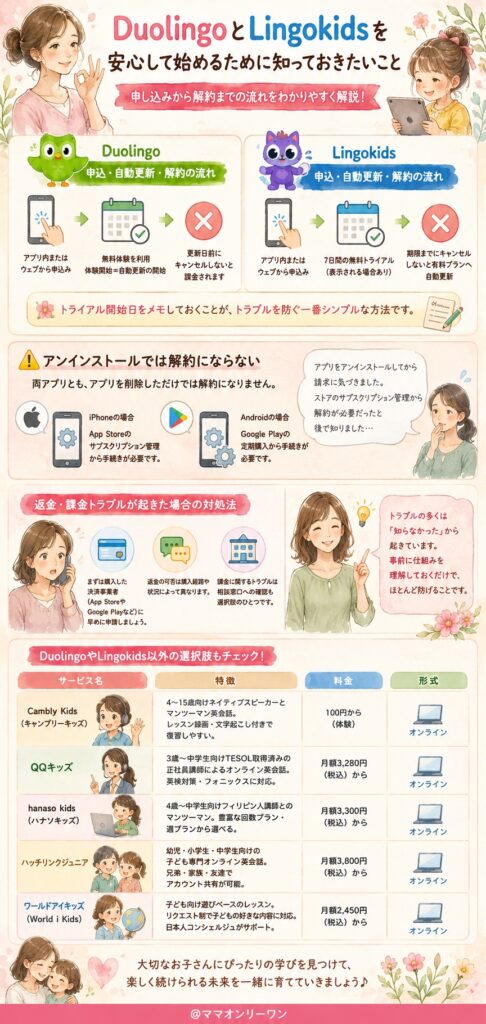 DuolingoとLingokids 申し込みから解約まで、どちらが安心できるのか?