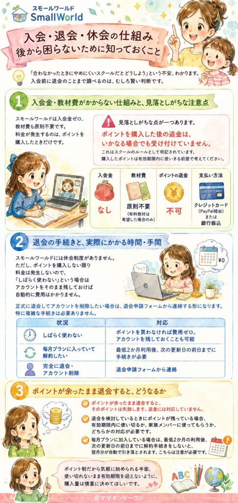 スモールワールドオンライン英会話 入会・退会・休会の仕組み、後から困らないために知っておくこと