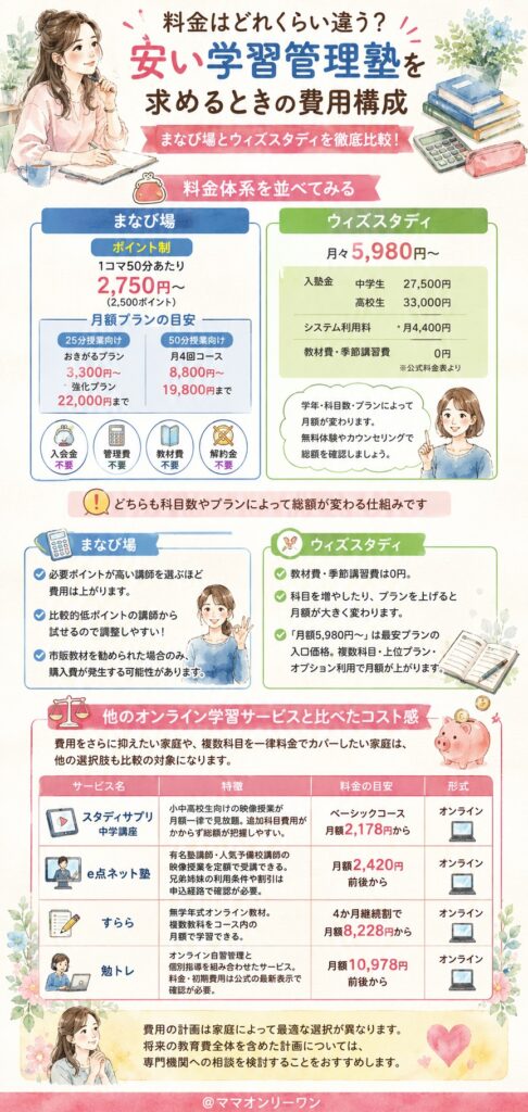 まなび場とウィズスタディ 料金はどれくらい違う?「安い学習管理塾」を求めるときの費用構成